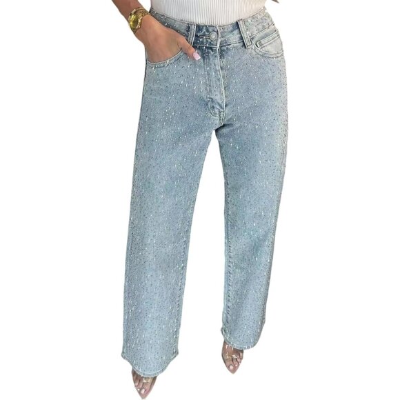Women's Straight Leg Rhinestone Boyfried Denim Pants Sparkly Bling Glitter Jean